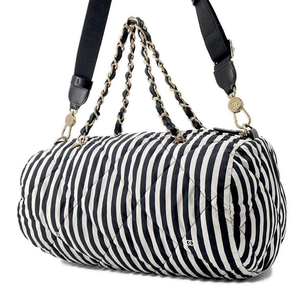 Chanel Black Large 2way Shoulder Bowling Nylon Bag White